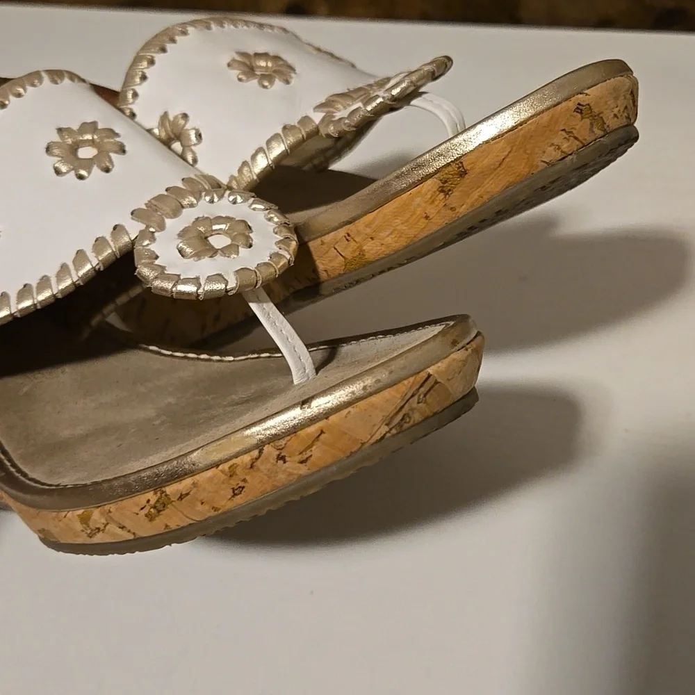 Jack Rogers Women's White and Gold Leather Upper Wedge Sandals Size 9.5